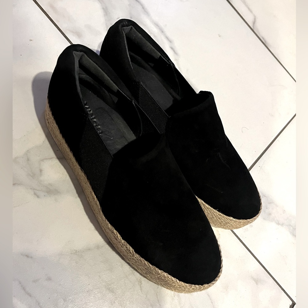 VINCE. black suede slip-on woven platform espradrilles